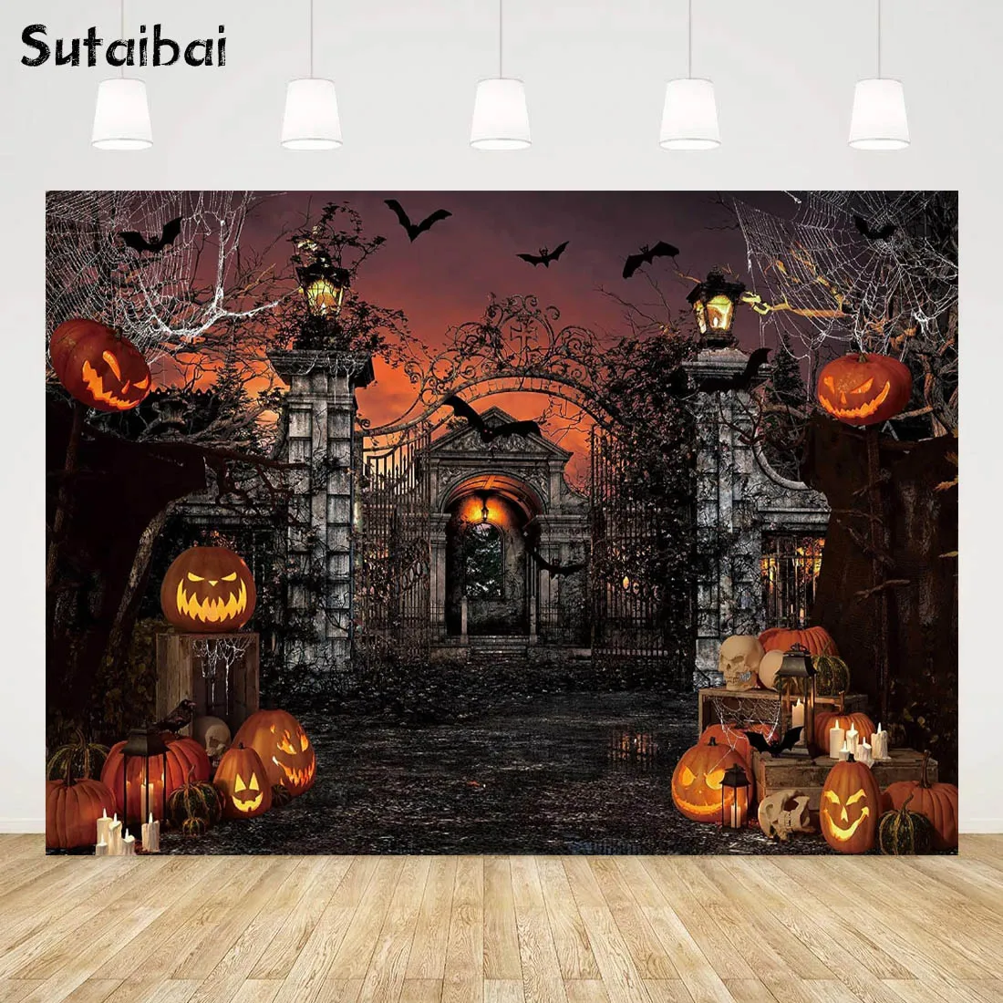 

Halloween Backdrop Scary Pumpkin Lantern Castle Horror Sky Spooky Night Background Hallowmas Birthday Trick or Treat Party