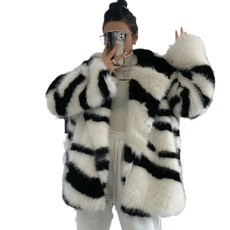 New Autumn and Winter Faux Fox Fur Coat Women\'s Zebra Pattern Faux Fur Coat Thickened Warm Plush Coat