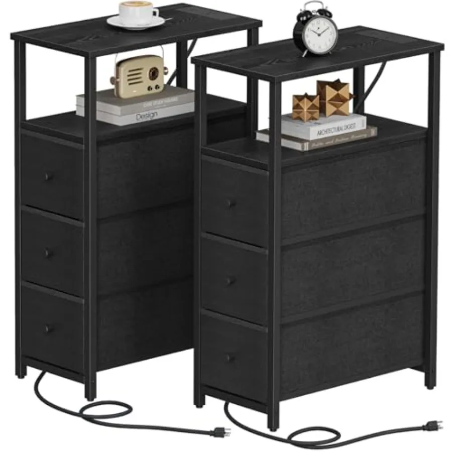 

Narrow Night Stand Charging Station Slim End Table ins Tall Side Table with 3 Fabric Drawer Small Bedside Table with Storage Se