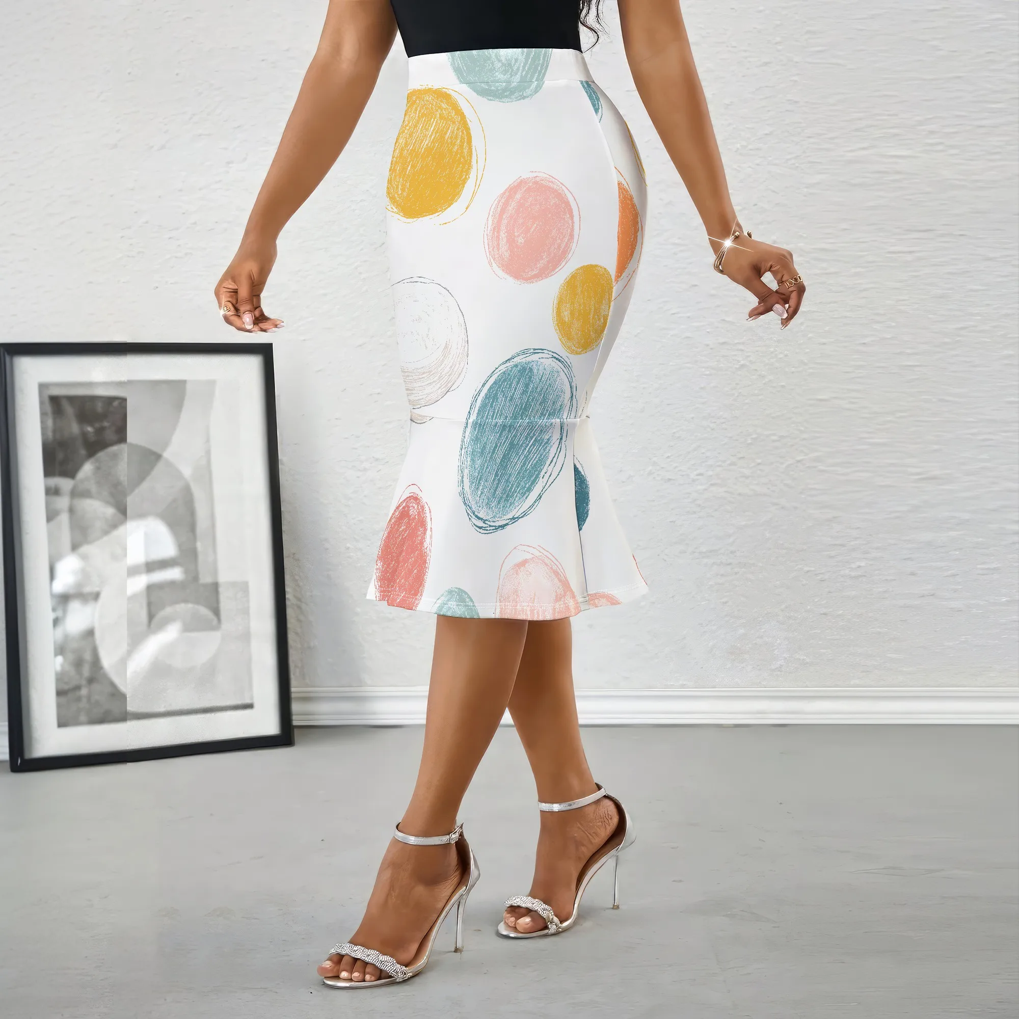 Colorful Dots Midi Skirt, Hand Drawn Circles Pencil Skirt, Abstract Art Print A-Line Skirt for Women Office Party S-2XL