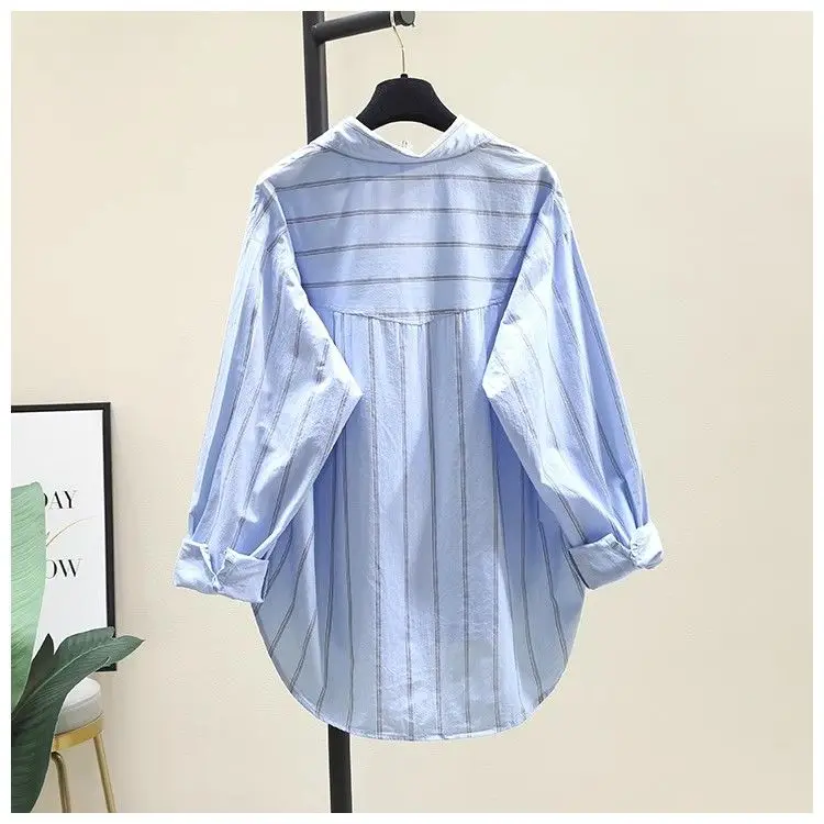 ฤดูใบไม้ร่วงปักตาสีฟ้าลายเสื้อผู้หญิงใหม่สไตล์เกาหลีหลวม Slim เสื้อแขนยาวอินเทรนด์