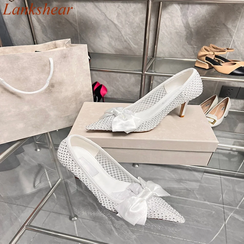 

Pointed Toe Butterfly Knot Women Pump Wedding Mesh Shallow Solid Fahion Stiletto Heel Sexy Party Women Shoes 2024 New Arrivals