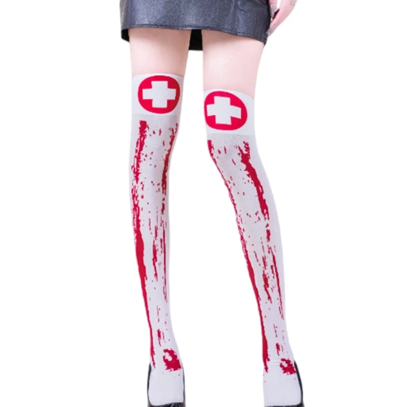 

E15F Printed Halloween Thigh High Stockings Comfortable Polyester Long Socks Costume Parties Essential For Women Fashion