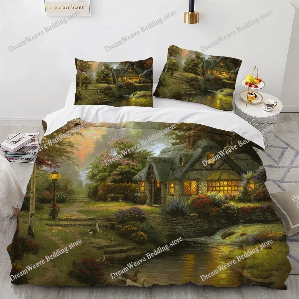 Oil Painting King Queen Duvet Cover Vintage Building Landscape Bedding Set for Adults Retro Art Microfiber Quilt Cover