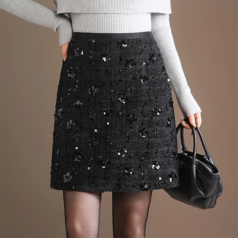 

Gray Heavyweight Shiny Wool Short Skirt High Waist Thickened Women's Autumn Winter A-Line Skirt Luxury Style with