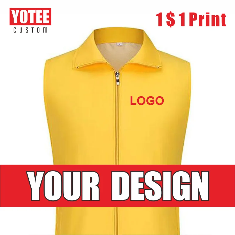 YOTEE Men\'s Custom Vest Printed Logo Sleeveless Vest Volunteer Uniform Supermarket Workwear Solid Colour Zip Top