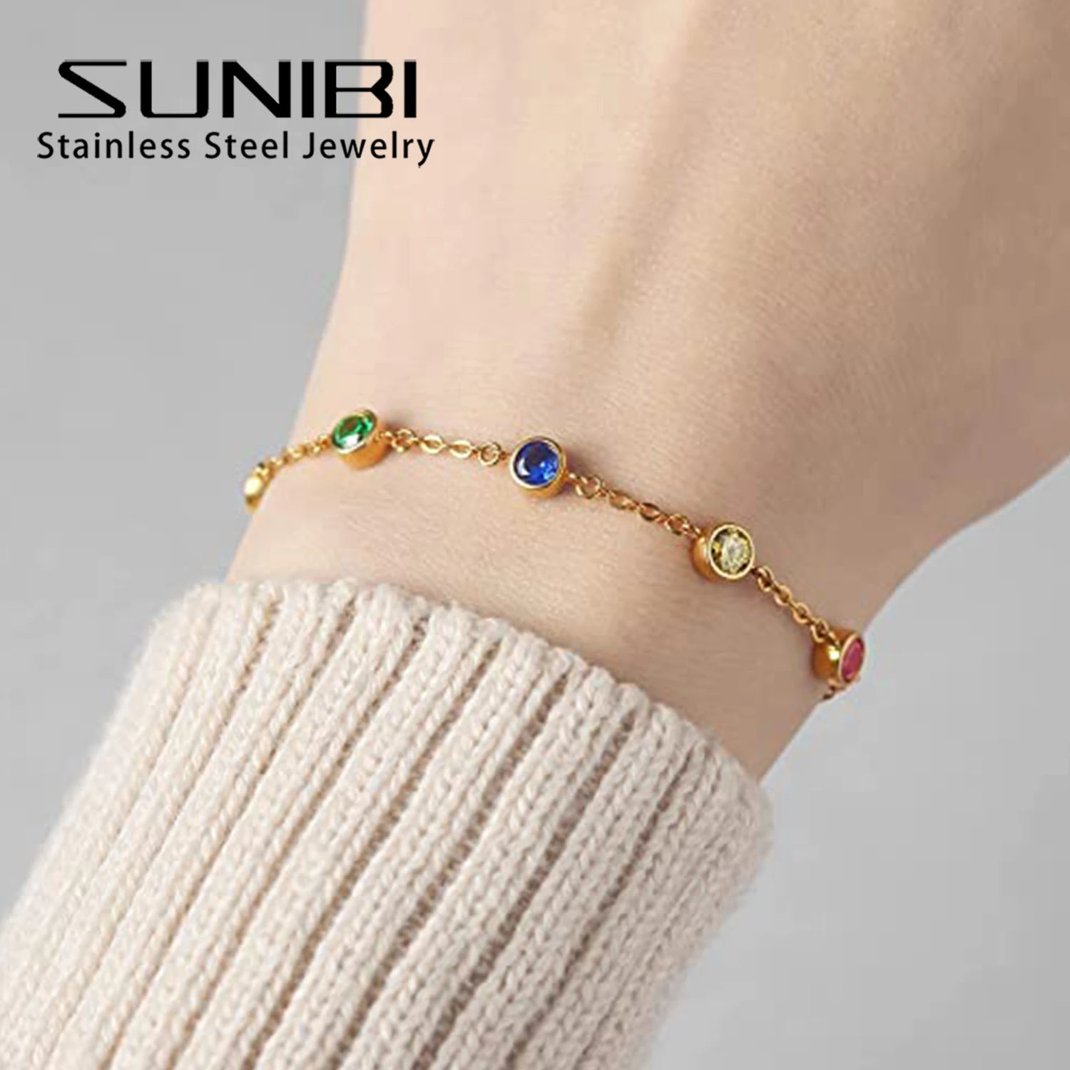 SUNIBI Personalized Birthstone  Custom Bracelet Stainless Steel Multiple Birthstone  12 Color Charm Bracelet Gift Dropshipping