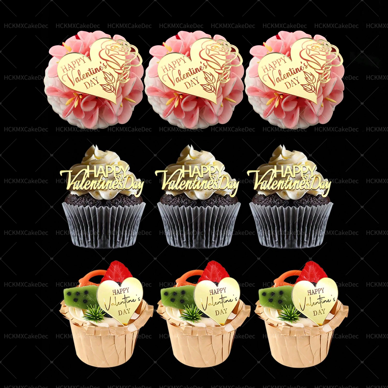 10 Stück goldene Acryl-Cupcake-Topper mit Aufschrift „Happy Valentine's Day Love“, für Valentinstag, Hochzeit, Party, DIY-Cupcake-Dekoration