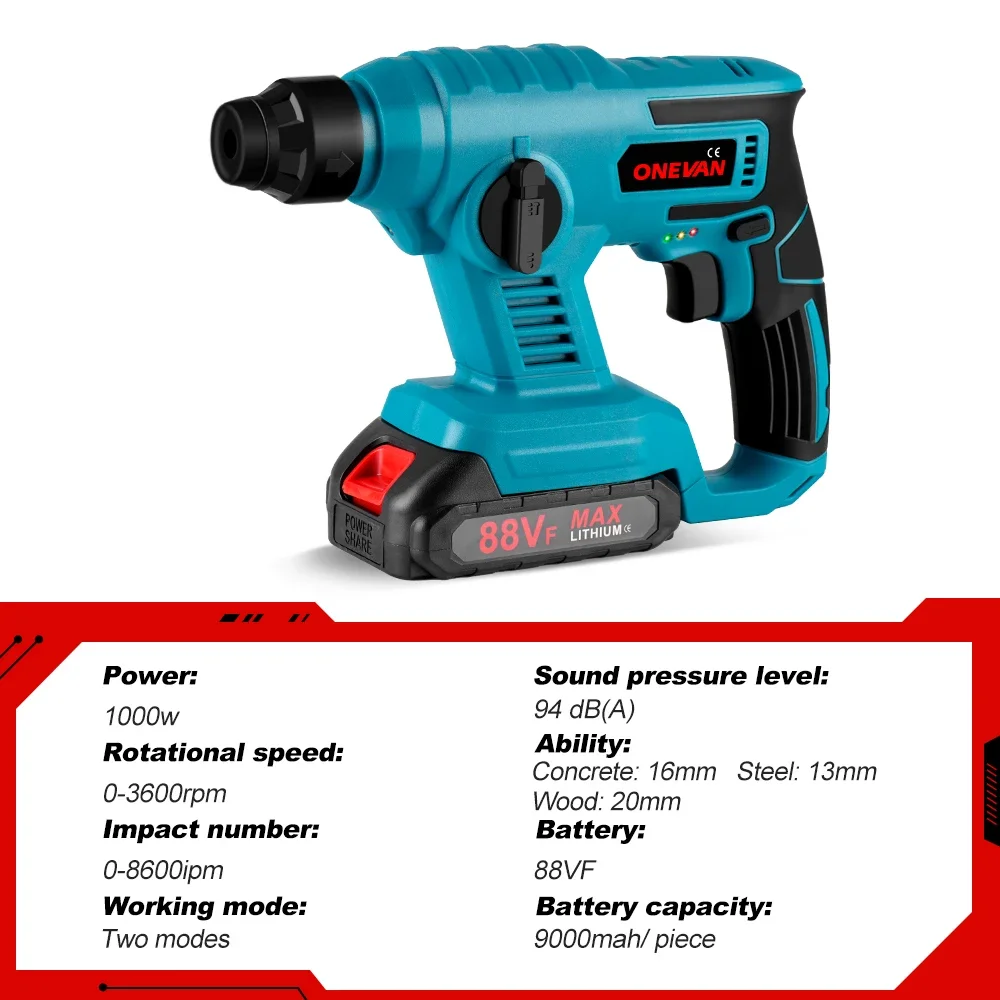 8600IPM 3600RPM Electric Rotary Hammer Rechargeable Cordless Multifunction Hammer Impact Drill Power Tool for Makita 18V Battery