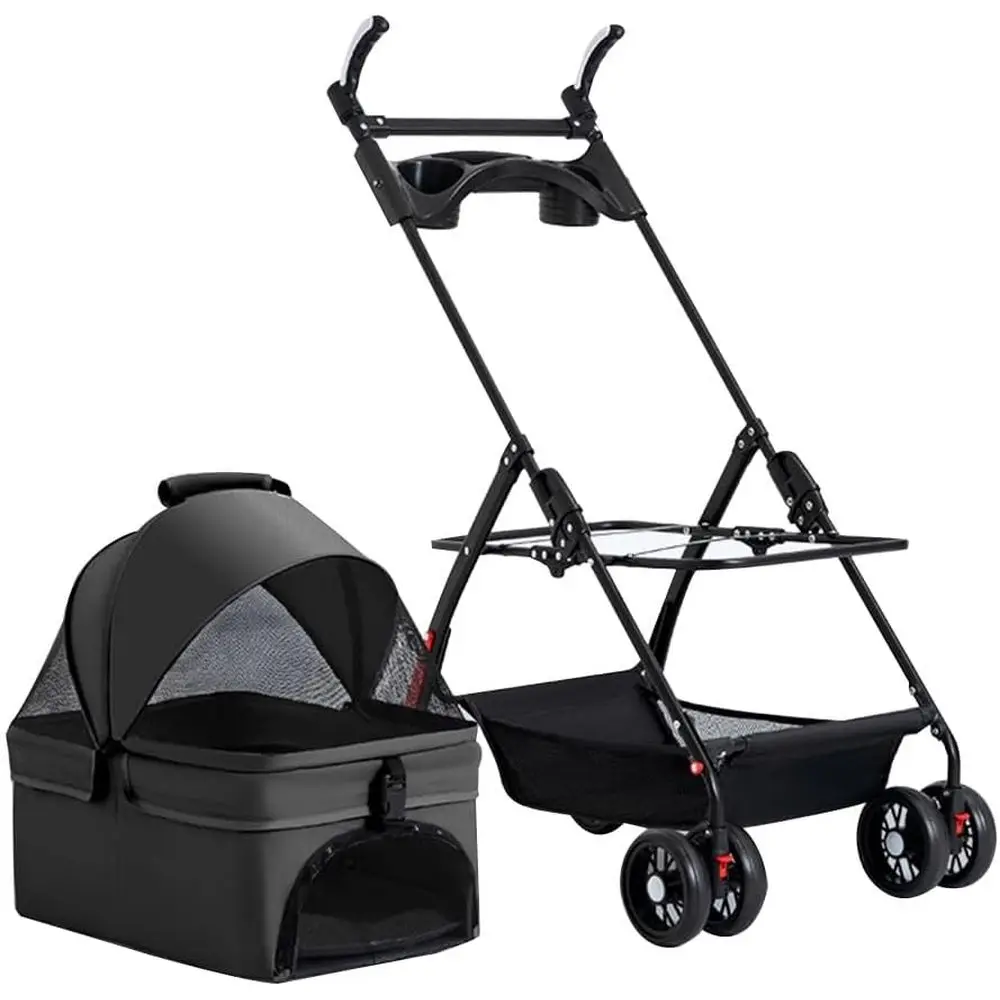 

Lightweight Pet Stroller for Dogs and Cats with Cup Holder and Adjustable Handle - Black