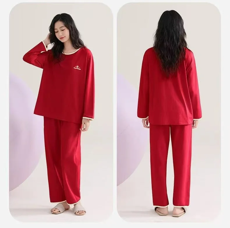 Red Home Suit For Women New Long Sleeve Trousers Sets Casual Spring Autumn Sleepwear Clothes Pyjama Femme Nightwear Pajamas