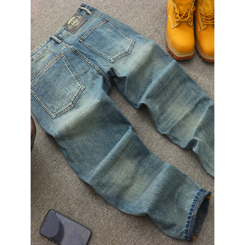 Pantalones vaqueros con parches rasgados retro, informales y geniales, a la moda, estilo coreano, pantalones nostálgicos de calle sueltos de pierna recta para hombre