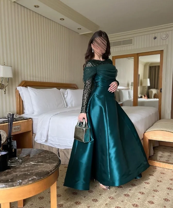 Verde esmeralda tornozelo comprimento vestidos formais de noite manga longa gillter a linha baile de formatura gala vestido de festa personalizado jérsei sob medida