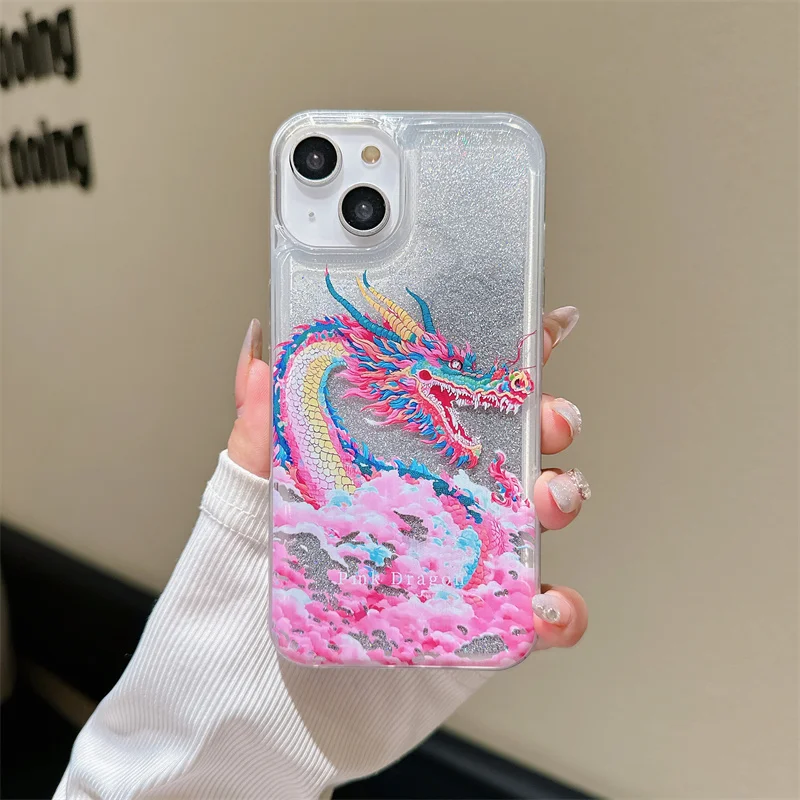 Dragon Bling Quicksand Case for iPhone 15 Pro Max 14 16 Phone Cover Brilliant Moving Sand Dynamic Liquid Shell Cute Clouds Funda