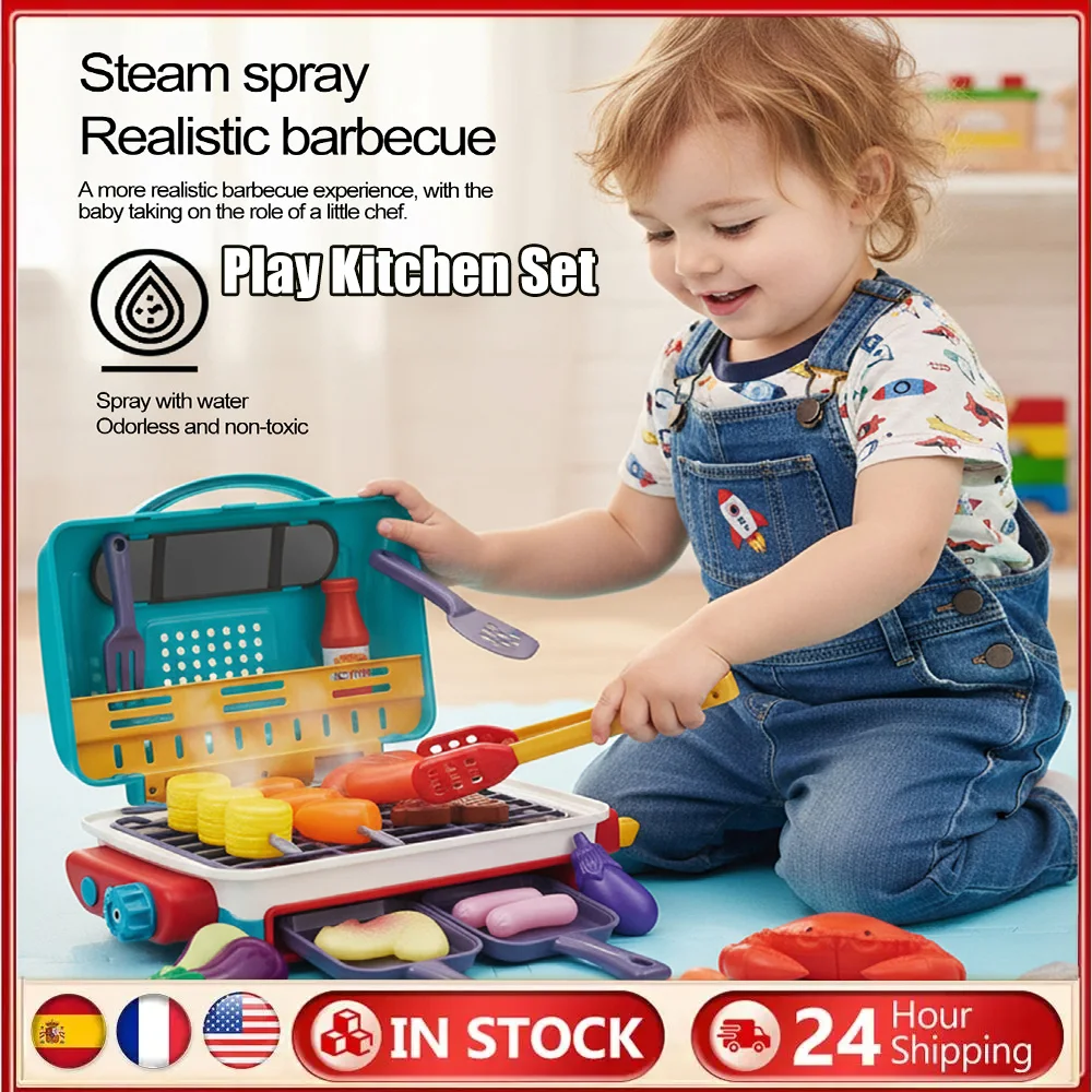 Crianças brincam brinquedos de cozinha com luz de fumaça som & mudança de cor comida churrasco brinquedo jogar acessórios de cozinha para crianças presentes de natal