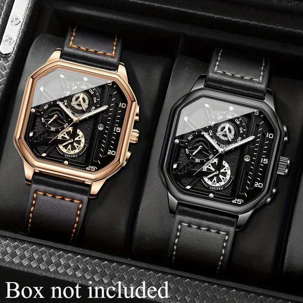 2-Piece Luxury Men's Leather Strap Quartz Watch Set with Calendar - Perfect Gift for School, Graduation, Men Gift