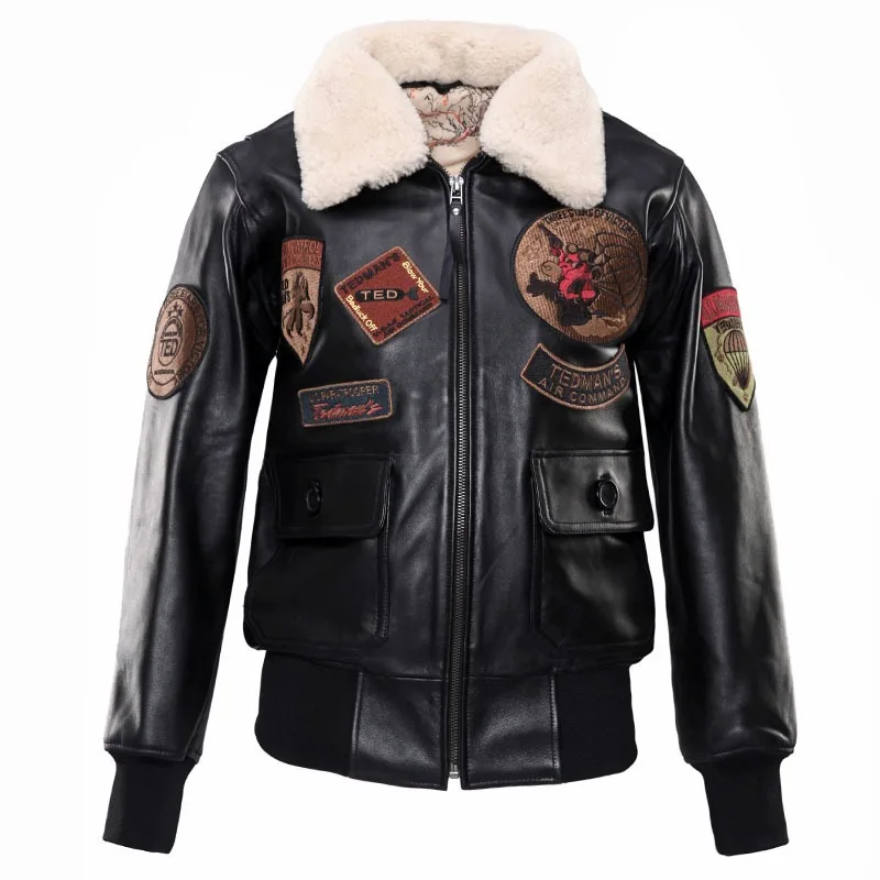 2024 New Women Air Force G1 Pilot Leather Jacket Fashion Embroidered Paratrooper Sheepskin Wool Fur Collar Winter Coats