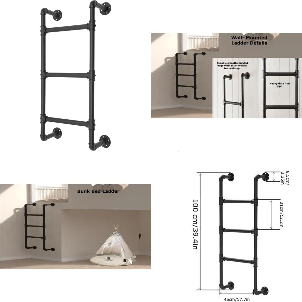 سلم متطور مثبت على الحائط على الطراز الصناعي لنوافذ الطابق السفلي، 3 خطوات، 3.3 قدم × 1.5 قدم، يدعم 330 رطل، ديس من الحديد المطاوع باللون الأسود #1
