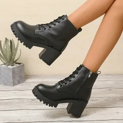 2023 Shoes for Women Side Zip Ankle Women's Boots Retro Daily Boots Women Round Toe Lace-up Chunky Heel Platform Ladies Shoes