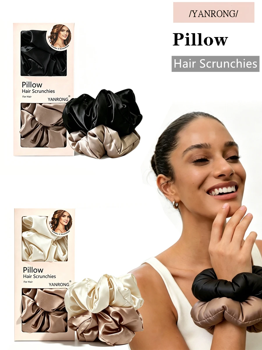 Imitation Silk Oversized Pillow Scrunchie Collection, Fluffy Cotton Filled Satin Hair Bands Ideal for Night Sleep & Curly Hair S