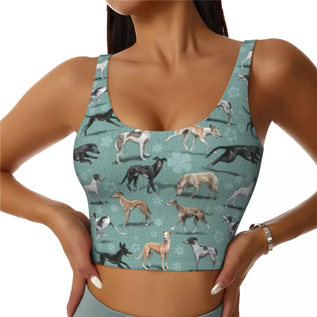 

Custom Kawaii Greyhound Dog Workout Crop Tank Tops for Women Seamless Animal Pet Puppy Yoga Running Sports Bras