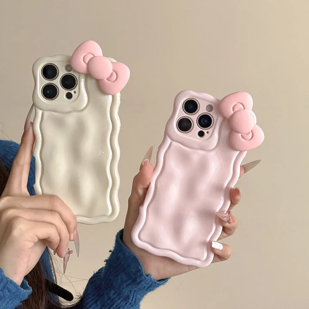 

Новый корейский чехол INS Sweet 3D с бантом и волнистым краем для iPhone 17 16 15 14 13 12 Pro Max Plus, белый, розовый, защитный