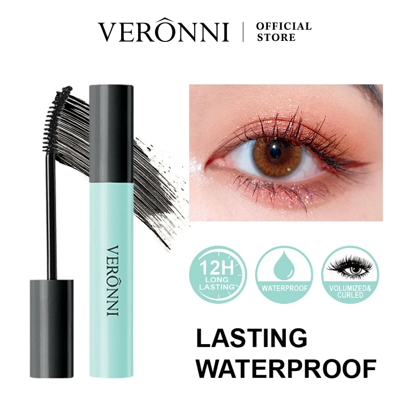 Máscara de pestañas VERONNI Black Curved Wand – Diseño ergonómico que se adapta a la curva del ojo, resistente a las manchas y de larga duración, voluminizadora y alargadora
