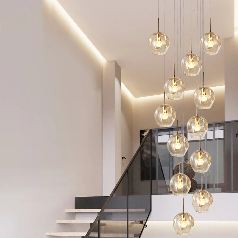 Nordic staircase LED chandelier glass ball long chandelier modern minimalist creative duplex villa rotating stairwell chandelier