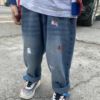 Kids' Embroidered Denim Jeans | Soft Loose Pants for Ages 2-7 2 2025 Autumn Kids Pants Cartoon Embroidery Boys Loose Jeans Soft Casual Denim Trousers Children Outwear Girls Pants For 2-7 Years 2