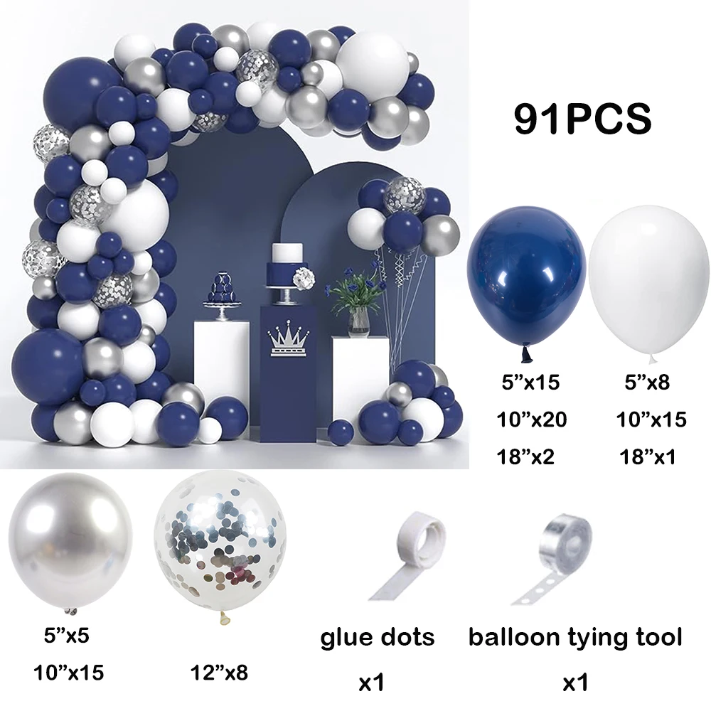 Kit d\'arche de guirxiété de ballons en latex avec confettis, bleu marine, blanc et argent, mariage de remise des diplômes, fête d\'anniversaire pour