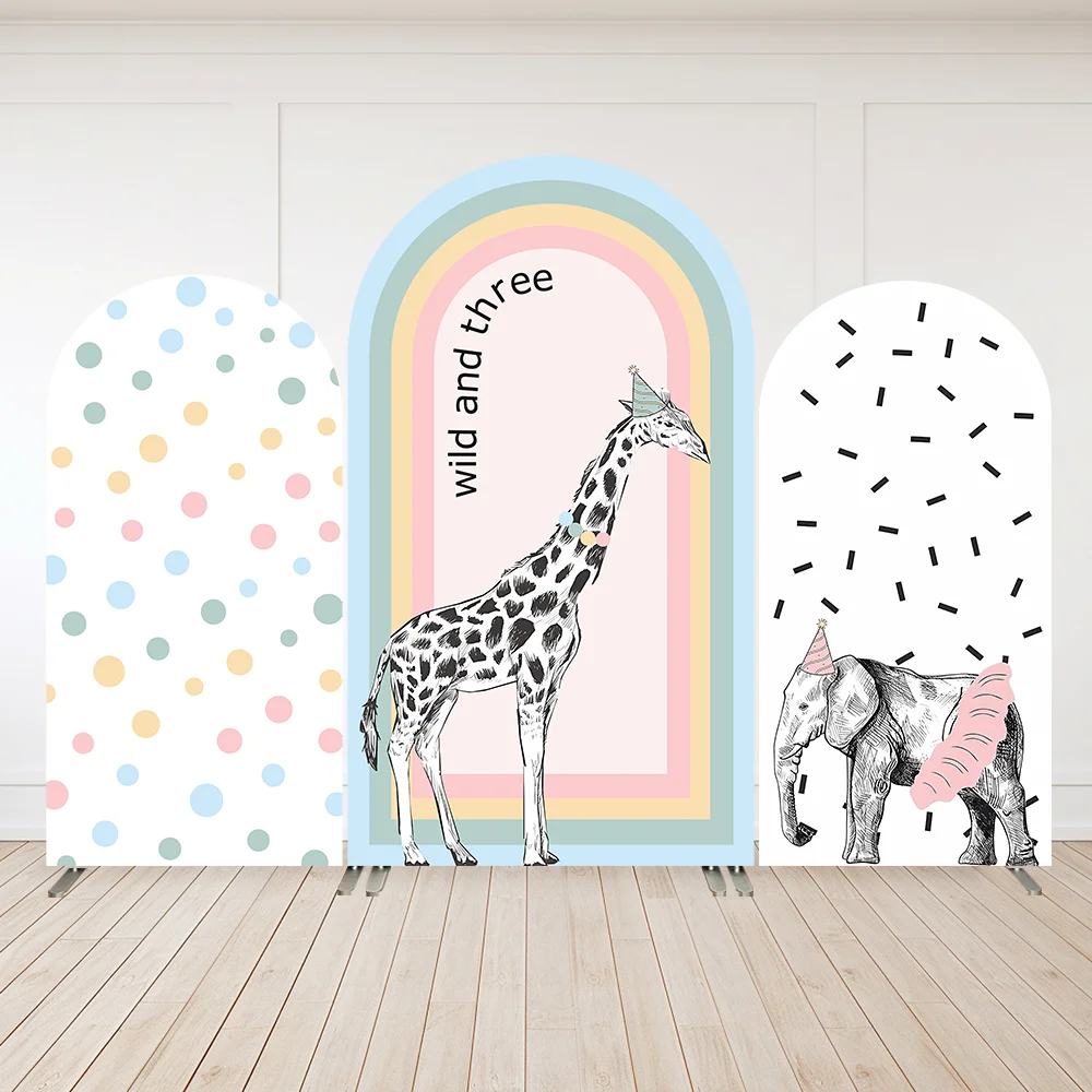 

Watercolor Rainbow Giraffe Baby Shower Arch Backdrop Cover Polka Dots Elephant First Birthday Arched Wall Panels Banner