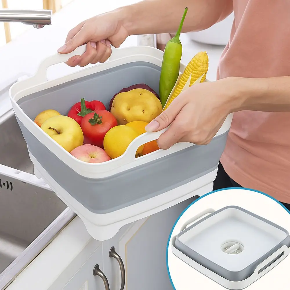 

Large Capacity Folding Washing Basin Thickening Square Fruit Vegetable Baske Household with Handles Drain Basket Kitchen