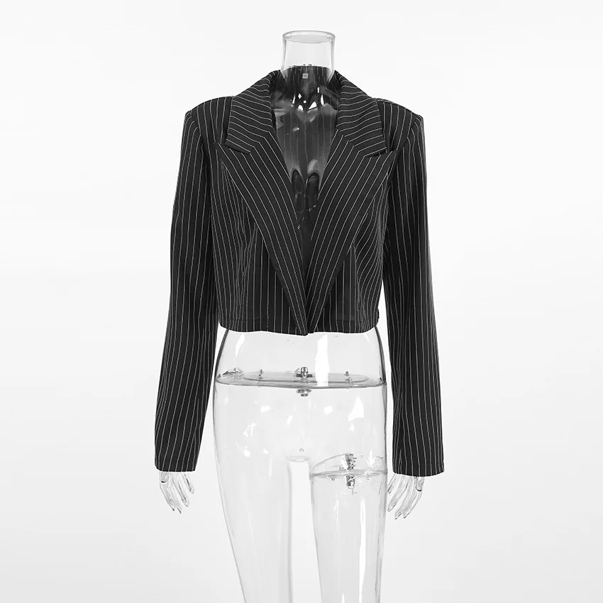 เสื้อโค้ทสั้นแฟชั่นสไตล์มืออาชีพผู้หญิงลายทางสีดำสไตล์เรโทรใหม่ฤดูใบไม้ร่วงปี 2025 ขายส่ง