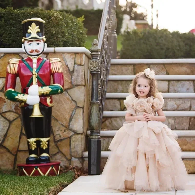 Vestido de flores de champán hinchadas para niña, exquisito vestido largo escalonado para niños, boda, cumpleaños, vacaciones, fiesta, primera comunión