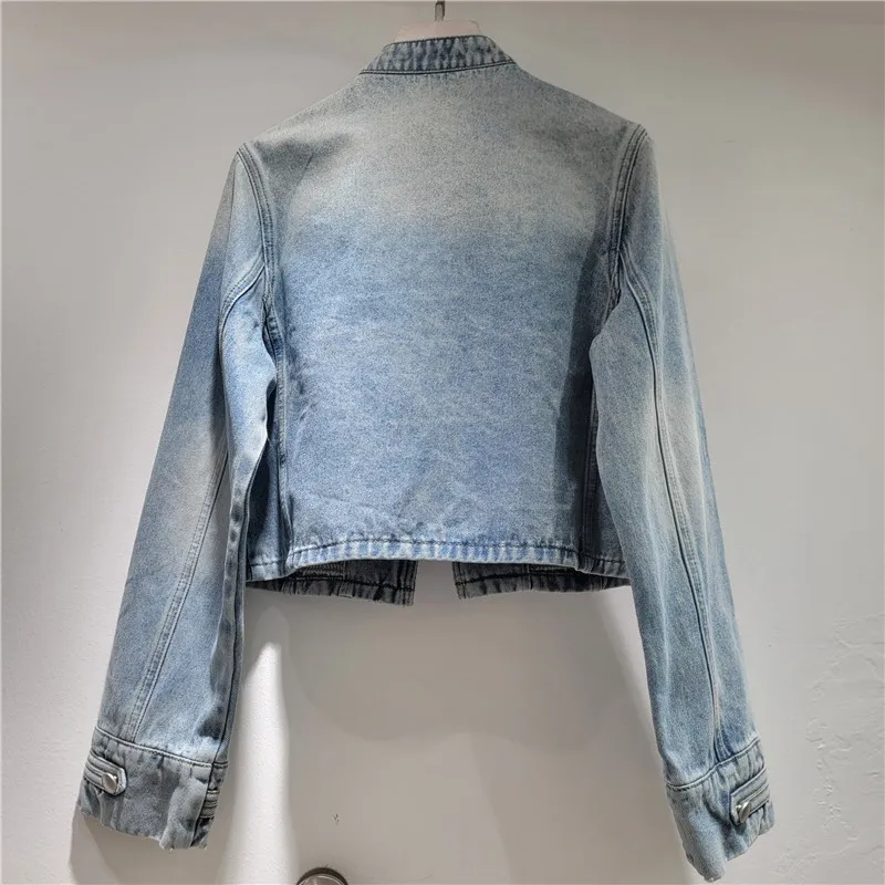 2026 Spring Summer American Retro Denim Jacket Women Washed Vintage Multi Button Decor Waist Slim Cowboy Coat