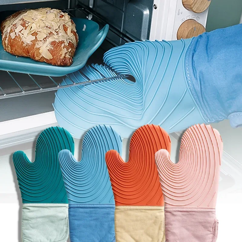 Microwave Silicone Gloves Thick Cotton Baking Gloves with Lanyard Heat Resistant Non-Slip Oven Mitts Kitchen Cooking Grill Glove