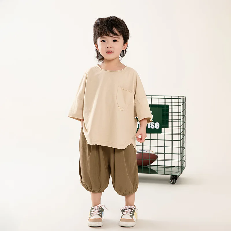 T-shirt Childrens Clothing Boys Short Sleeved Summer New Korean Burr Edge Solid Color Half Sleeve Tops 2024 Round Collar