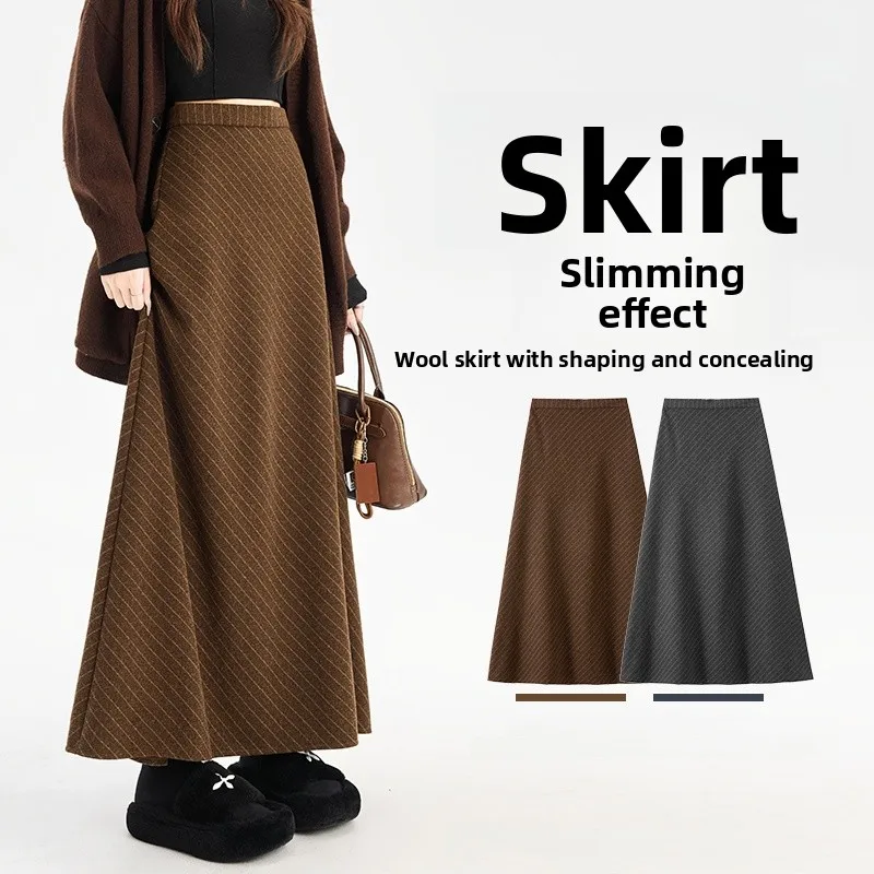 

Autumn Winter New Sle Luxury Faion Slimming A-Line Midi High Waist Stripe Skirt Ele Casual Woolen f-length Skirt