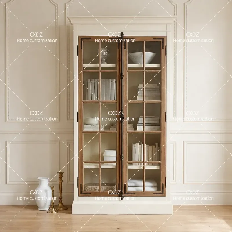 American Retro Solid Wood Bookcase Wine Cabinet Glass Door Contrasting Color Design Display Cabinet Integrated Storage