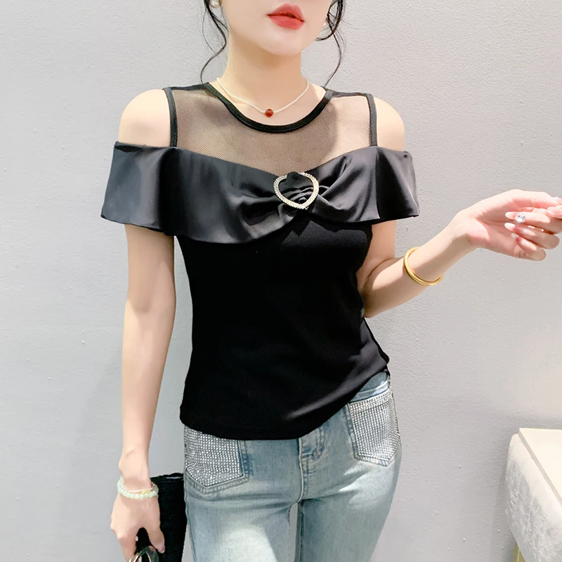 

Black Summer Korean Style T-Shirt Sexy Women O-Neck Hollow Out Shiny Diamonds Love Bowknot Tops Short Sleeve Tees 2024 New 45141