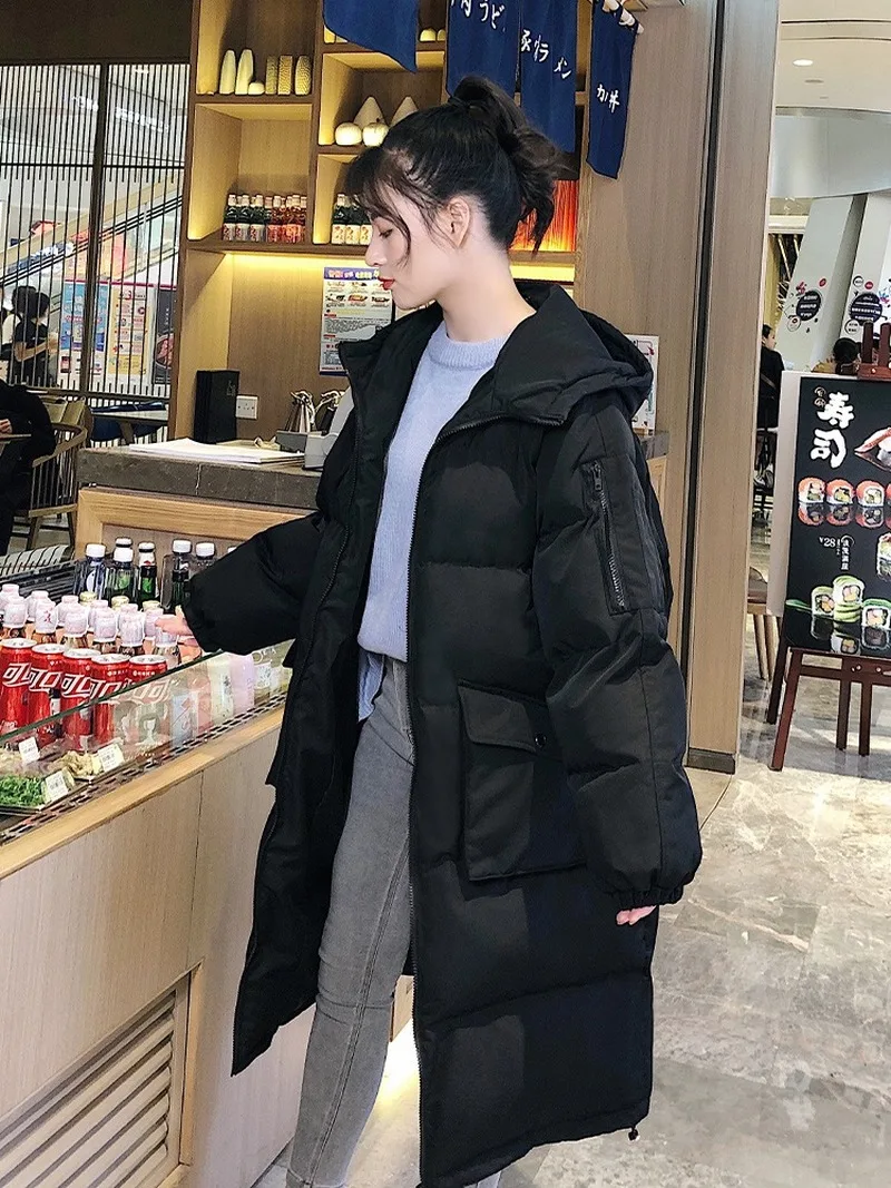 Plus Size Overcoat Winter Warm Cotton Jacket White  New Women Thick Down Padded Jacket Korean Loose Mid-length Hooded Black