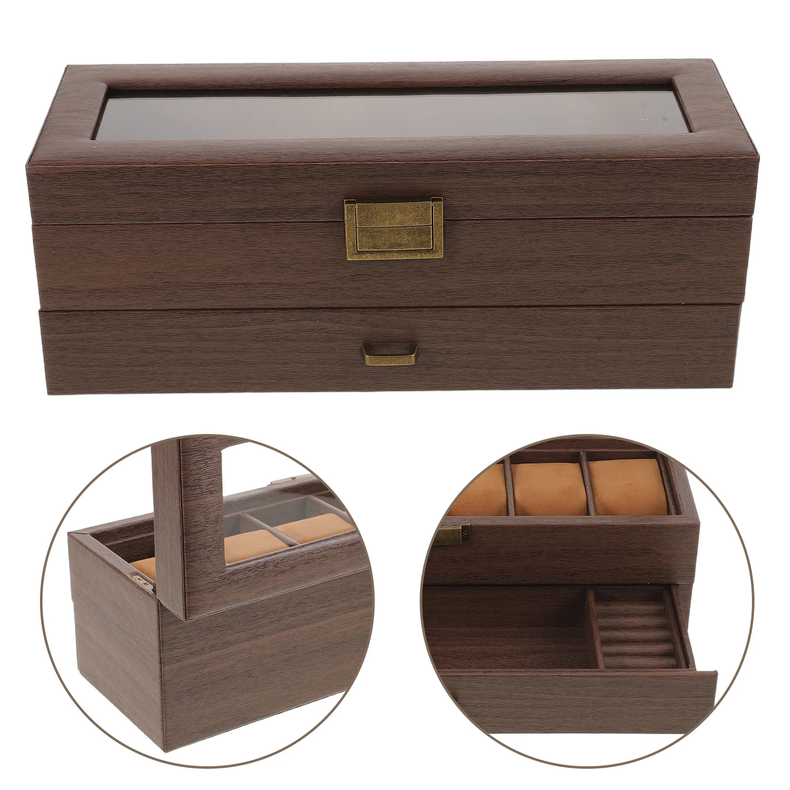 

Double Layer Wooden Watch Box Brown Glass Lid Jewelry Organizer Watch Storage Display Case for Men Women Bracelet Organizer Box