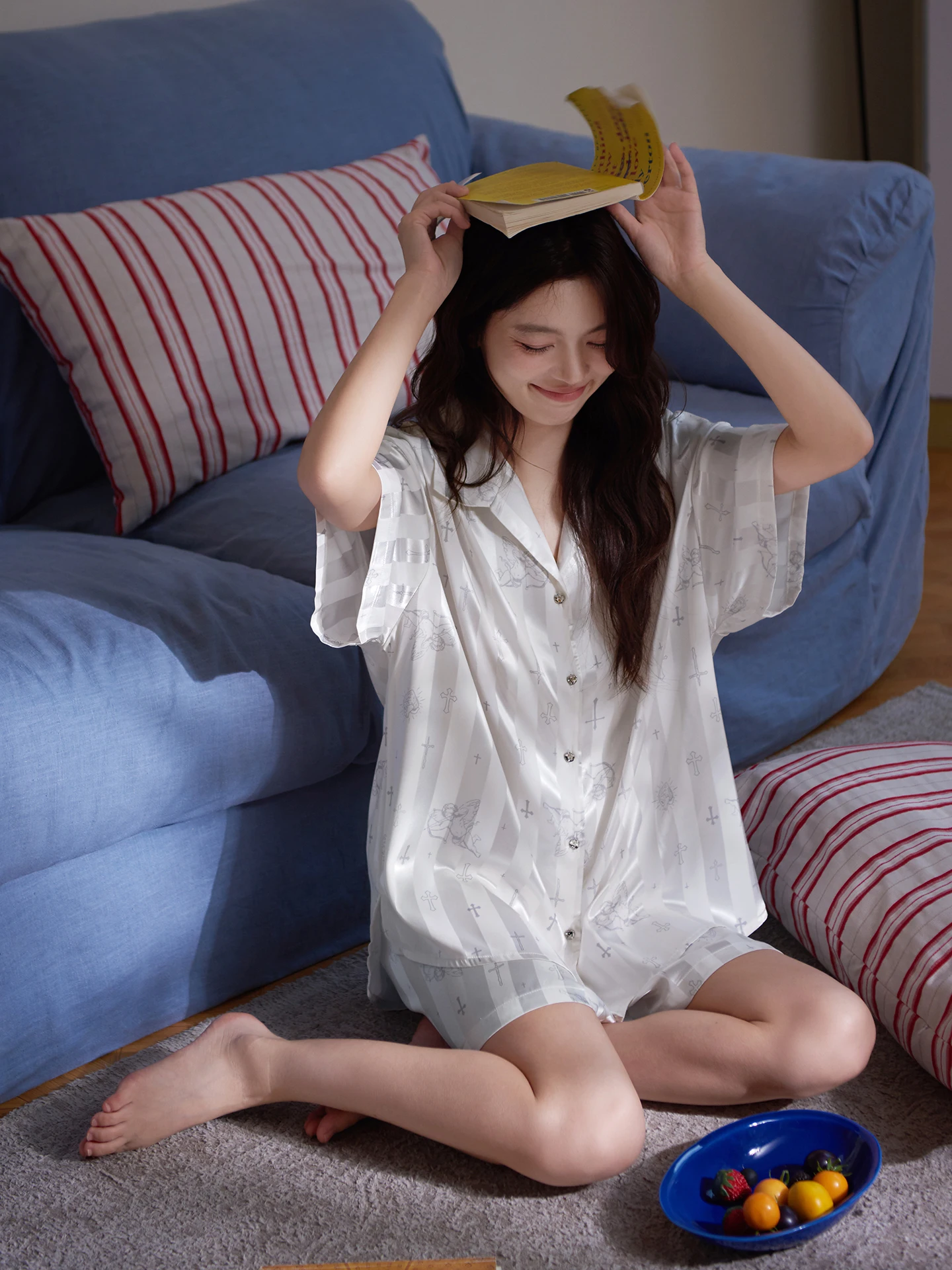 princess-mark-ice-silk-sleepwear-women-summer-cute-cupid-striped-lightweight-luxury-home-clothes-short-sleeve-loose-fit