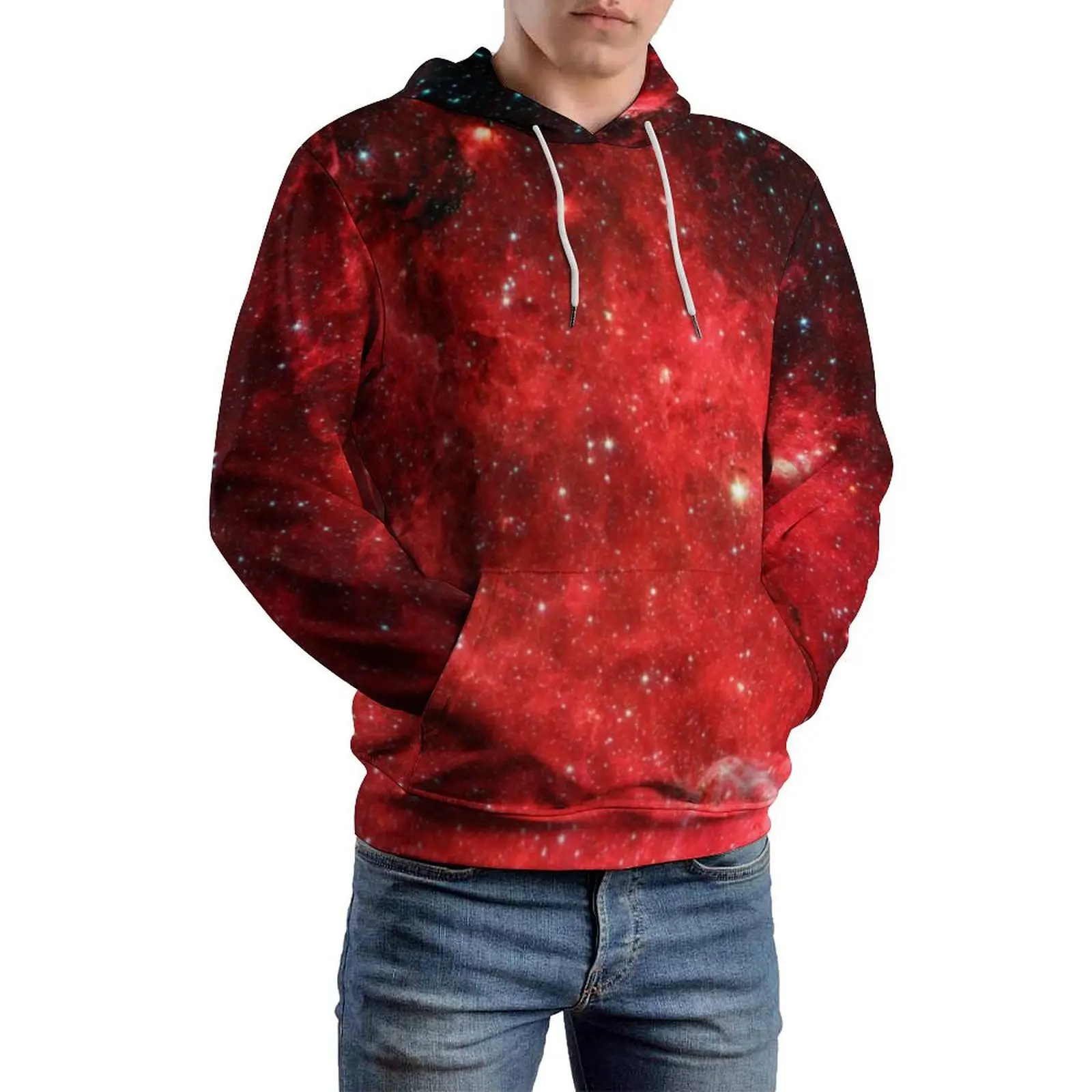 Red Galaxy Sky Casual Hoodies North America Nebula Loose Hoodie Man Long Sleeve Aesthetic Custom Sweatshirts Big Size