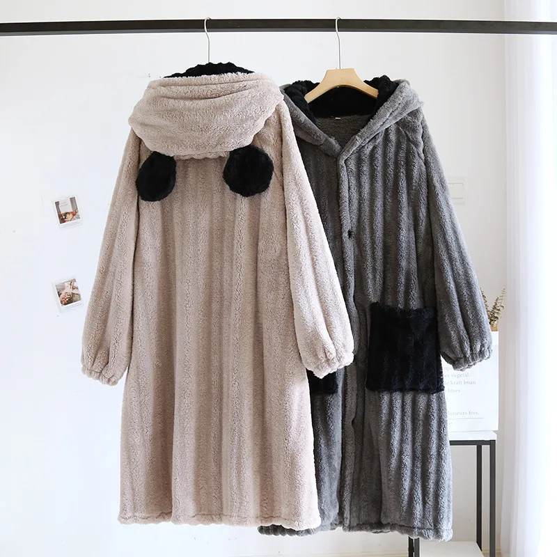 Autumn Winter Couples Coral Fleece Nightgown Flannel Thicken Bathrobe Men and Women Long Robe Home Wear Robes Warm Gift