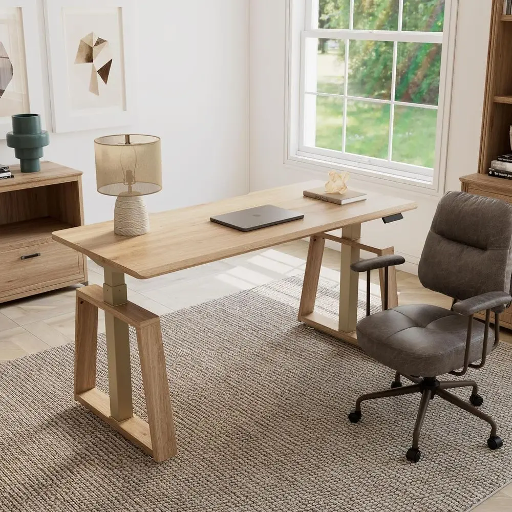 

Регулируемый по высоте стол для работы стоя 63 Executive с сенсорным управлением, трапециевидными ножками, отделка под дуб