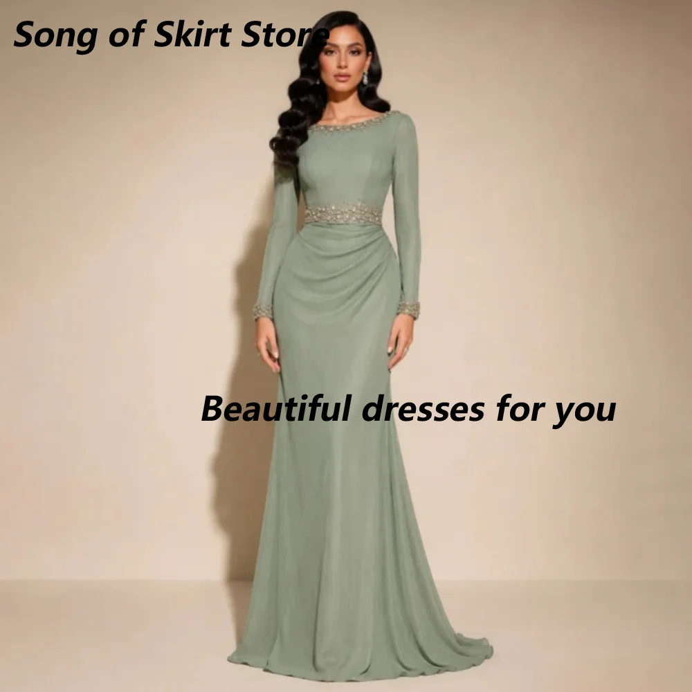 Customized Sage Green Beaded Boat Neck Mother Of The Bride Gown Long Sleeve Low Back Ruched Mermaid Sweep Train Wedding Dress