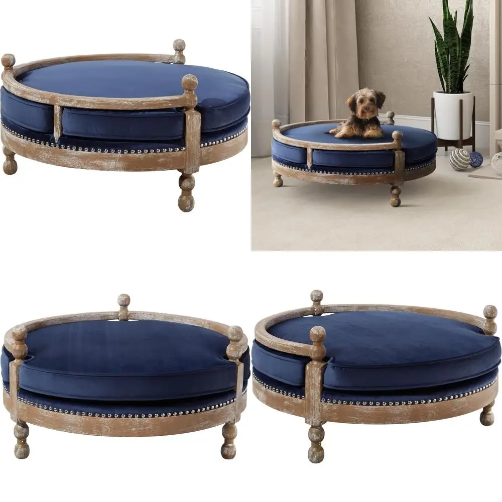 

Кровать для собаки из массива состаренного дуба ручной работы со съемной водонепроницаемой бархатной подушкой, темно-синий, большой размер