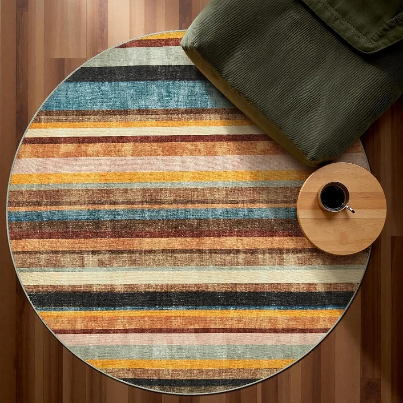 Vintage Worn Striped Round Area Rug Retro Boho Earth Tone Color Block Non-Slip Soft Floor Mat Minimal Rustic Home Decor Carpet