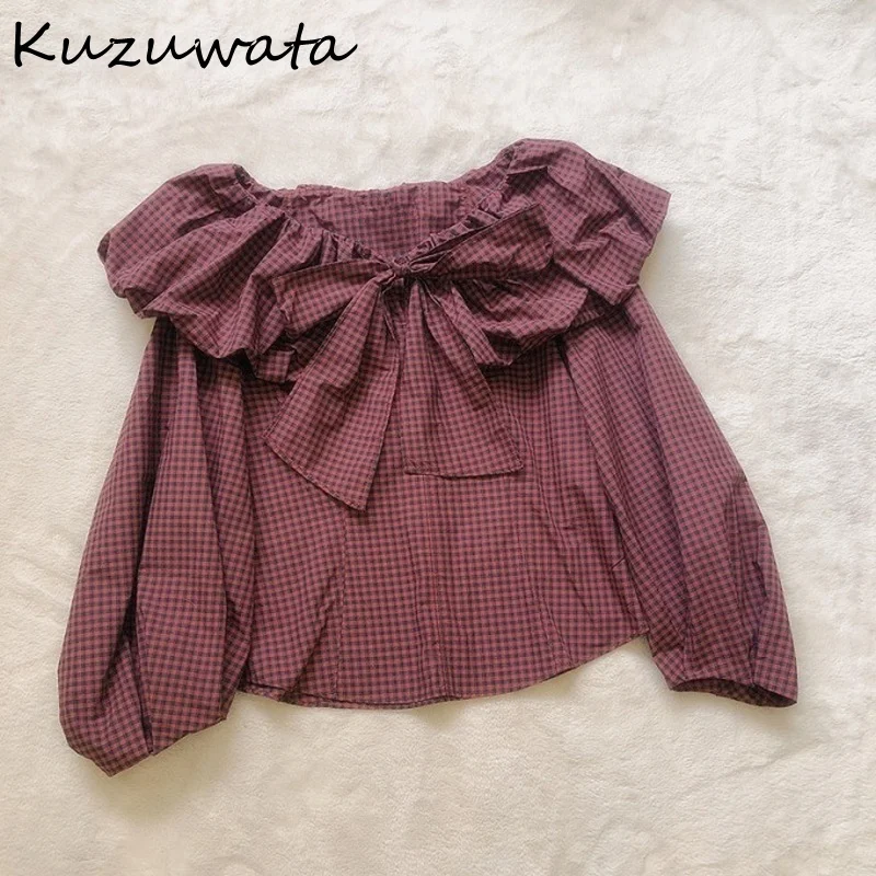 Kuzuwata 2024 Autumn Winter New design Women Blouses Lotus Leaf Collar Bowknot Puff Long Sleeved Shirts Japanese Sweet Blusas